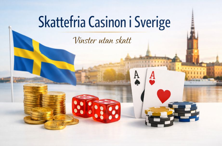 Skattefria casinon i Sverige med svensk flagga, Stockholm skyline, spelkort, tärningar och guldmynt i en skandinavisk lyxig design
