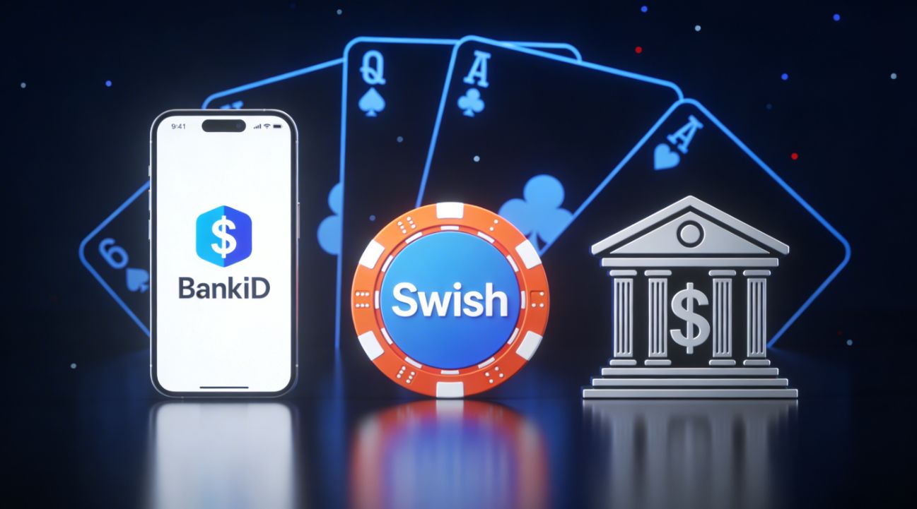 Ikoner för BankID, Swish och Trustly framför casinobakgrund – betalningsmetoder på svenska onlinecasinon