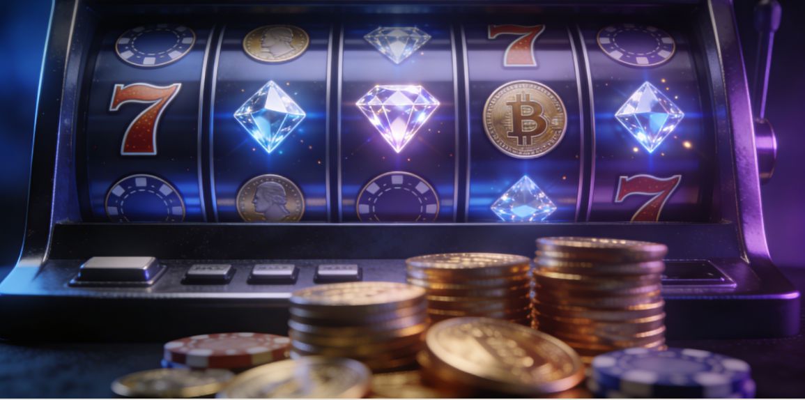 Online spelautomat med glänsande symboler och guldmynt – bannerbild för slots med riktiga pengar
